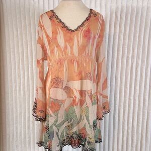 Mushka by Sienna Rose Sheer Multicolor tunic Top L Bell Sleeve Flowy Boho Fairy